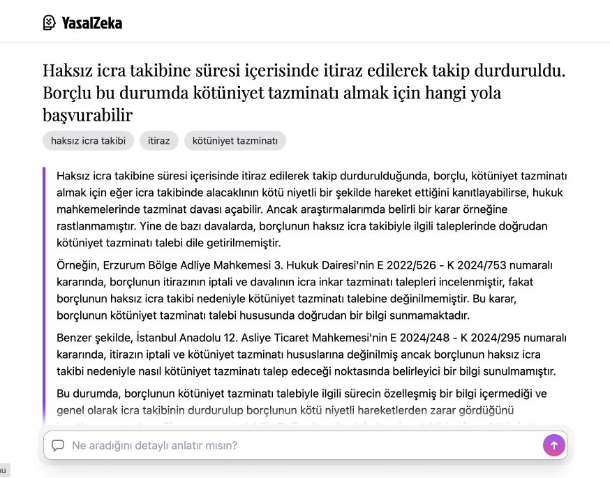 YasalZeka'nın senaryonuzu anlayıp, araştırma yapması hakkında bir ekran görüntüsü