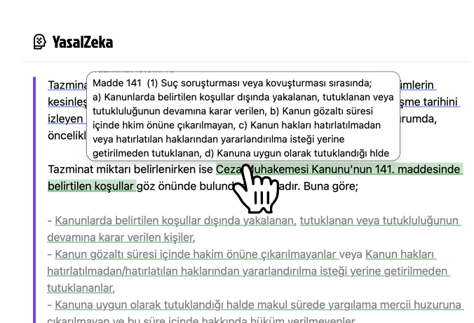 YasalZeka'nın referanslı bilgi sunması hakkında bir ekran görüntüsü