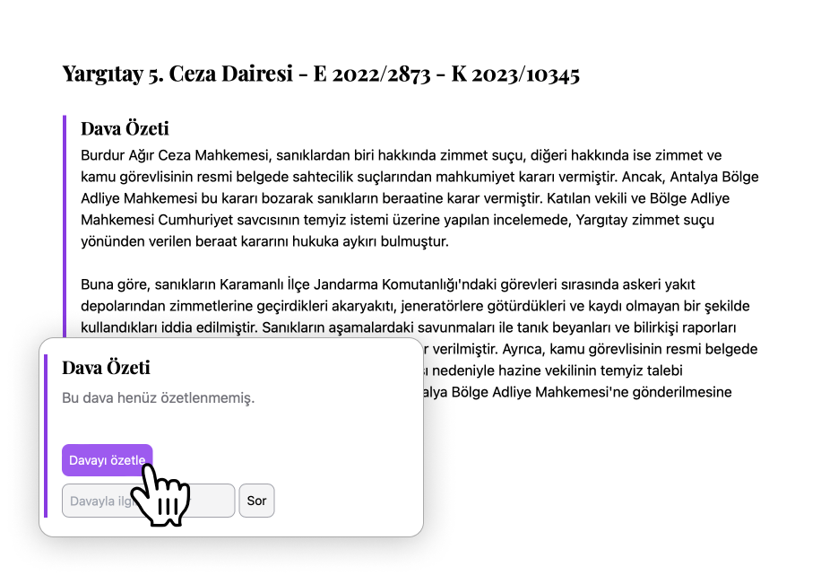 YasalZeka'nın dava dosyalarını özetlemesi hakkında bir ekran görüntüsü